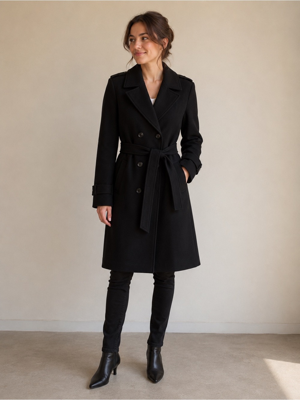 Tahari Classic Double-Breasted Black Wool Trench Coat with Belt 6